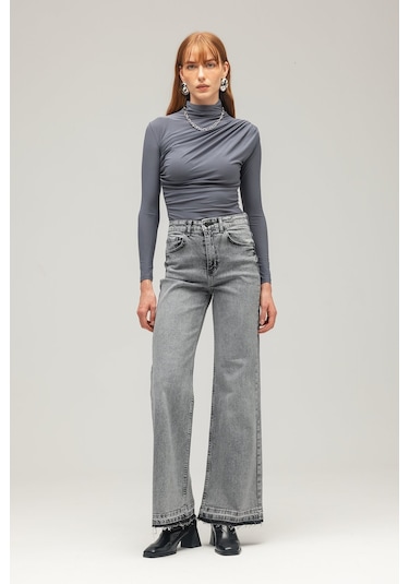 Saade Sââde Kadın Drapeli Boğazlı Uzun Kollu Örme Bluz - Slim Fit Antrasit