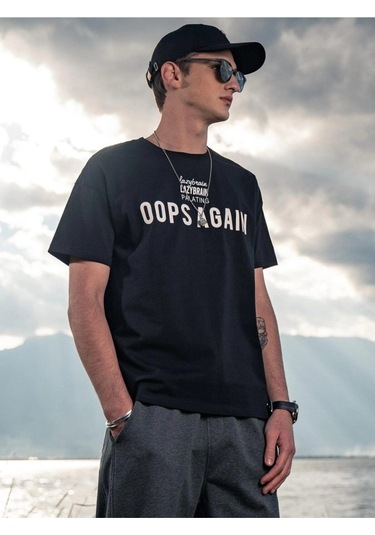 Erkek Siyah Oversize Palating Baskılı T-shirt Siyah-68156