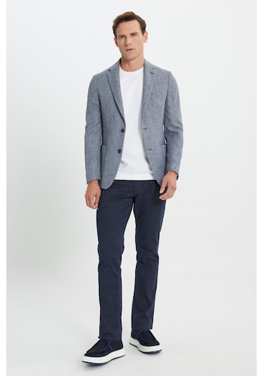 Ac&Co / Altınyıldız Classics Erkek Lacı Slim Fit Dar Kesim Mono Yaka Desenli Torba Cepli Ceket Lacı Lacivert