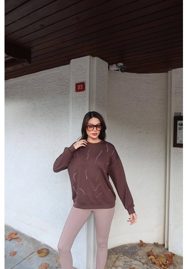 Cemo Günlük Uzun Kollu Bisiklet Yaka Basic Bluz/sweatshirt Kahve