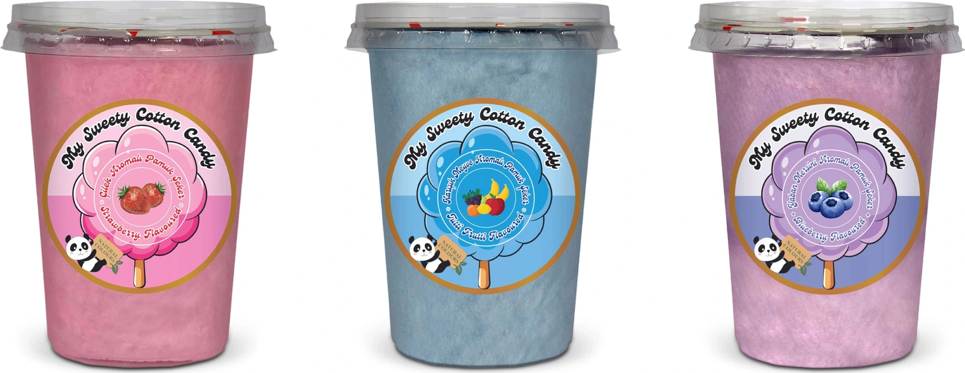 Çilek, Tutti Frutti , Yabanmersini, Aromalı 3'lü Gurme Pamuk Şekerler