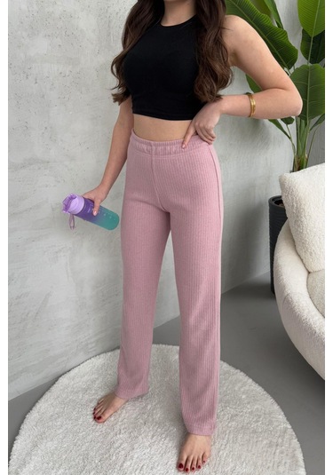 Kadın Gül Kurusu Yüksek Bel Fitilli Bol Paça Günlük İnce Eşofman Altı GÜL KURUSU