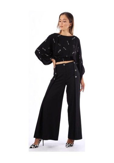 Modatalika Bayan Günlük Çengeli İğne Desenli Siyah Bluz Siyah