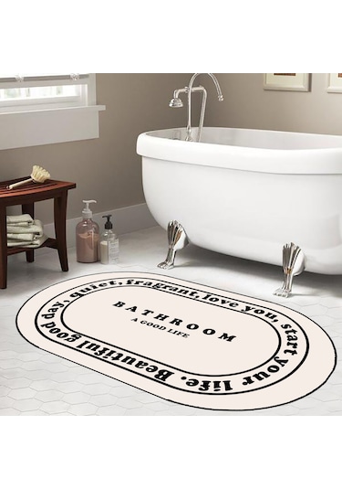 Bathroom Yazılı, Yazılı Banyo Paspası, Dekoratif Paspas, 60x100 Krem