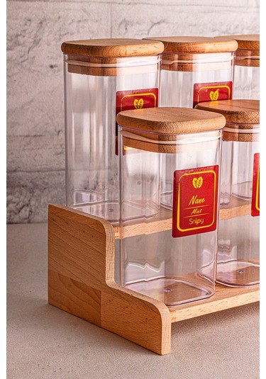 Snippy Lunver - 8'li Ahşap Standlı Vakumlu Etiketli Akrilik Saklama Kabı Baharatlık Seti 350 Ml Ahşap