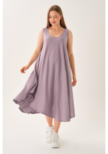 Asimetrik Kesim Çizgili Kolsuz Elbise Lila