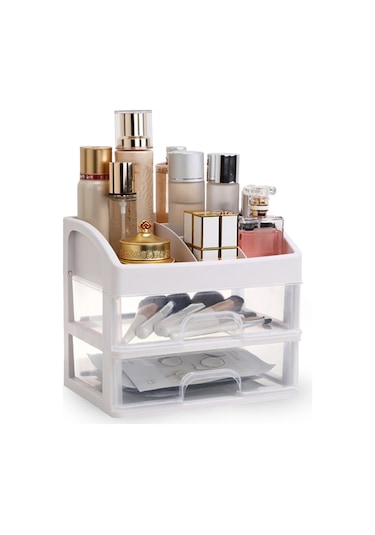 Hombey İki Katlı Plastik Makyaj Organizasyon Kutusu - Şeffaf Ve Beyaz, Çekmeceli Tasarım, Toz Ve Su Koruma, Makyaj Malzemelerinizi Düzenleyin Ve Kolayca Bulun Beyaz
