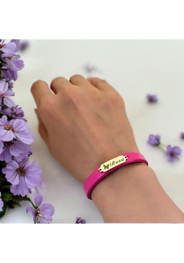 Archin Rosa İsmine Özel 14 Ayar Altın Plakalı Doğal Pembe Derili Kelebek Figürlü Hediye Bileklik-651isim Rosa