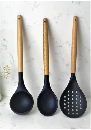 Morponi 3'lü Bambu Saplı Silikon Mutfak Seti Kaşık Kepçe Kevgir Siyah