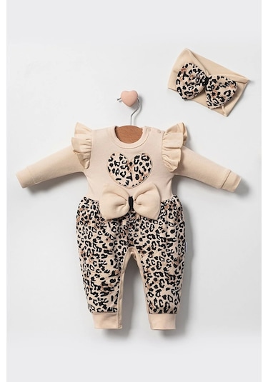 Leopar Desenli Fiyonklu % 100 Pamuk Kız Bebek Tulummm Krem