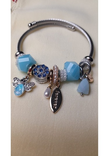 Uzel Çelik Gümüş Silver Model Forever Yazılı, Arı Charmlı Çelik Bileklik Mavi