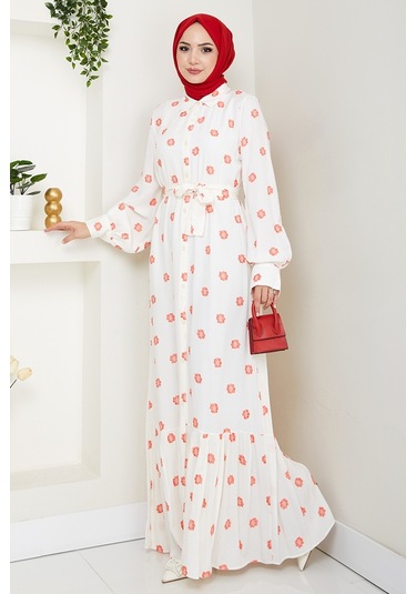 Anif Çiçek Desen Kemerli Elbise 1554 - Kırmızı Kırmızı