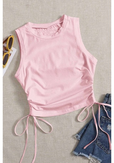 Merry See Yanları Büzgülü Kolsuz Bluz Crop Top Atlet Pembe