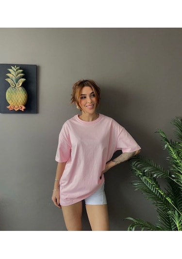 Kadın Oversize Basic Tişört Salaş Kesim Pamuklu Günlük T-shirt Pembe