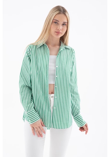 Fashion Friends Oversize Kadın Çizgili Gömlek Yeşil