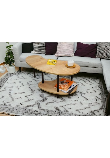 Yüksek Kalite Orta Sehpa 2 Raflı Ahşap Ayaklı Fasulye Gazetelikli Dekoratif Lüks Sehpa Safir Meşe