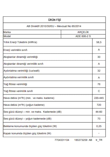 Arçelik ADE 606-2 S Duvar Tipi Ankastre Davlumbaz Siyah