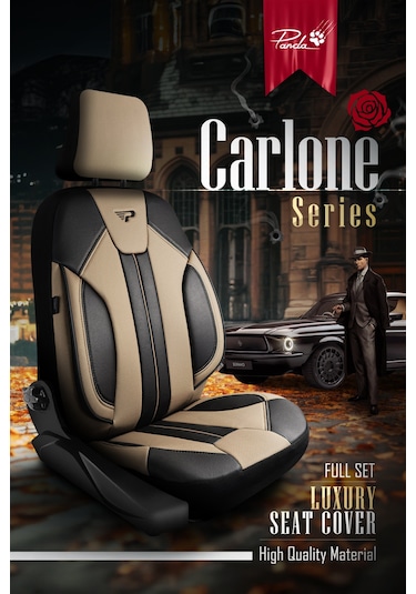 Bej - Siyah Panda Carlone Serisi Ful Deri Oto Koltuk Kılıfı - Tam Set