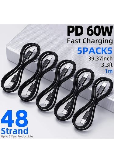 Honeybeeshop 5 Adet Siyah 3m Pd Hizli Sarj Type C Tip C Veri Aktarim Kablosu