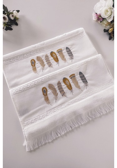 2'li Nakışlı Kadife El Havlusu -jakarlı Tüy İşlemeli Yüz Havlusu - %100 Pamuk Beyaz Beyaz