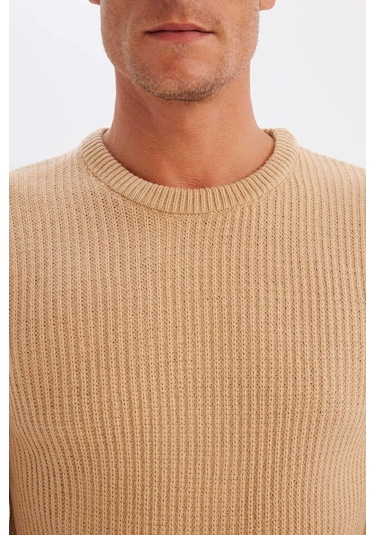 DeFacto Bej Standart Fit Normal Kesim Bisiklet Yaka Dokulu Triko Kazak C8814AX24WNBG155