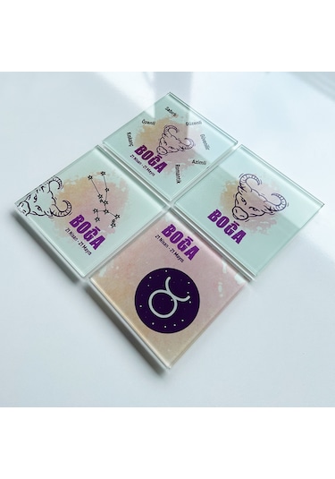 Decorita Cam Bardak Altlığı Burçlar - Boğa Burcu 4'lü Takım 10 CM x 1 Çok Renkli