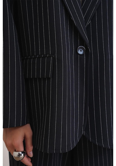 4753 Kadın Çizgili Oversize Blazer Ceket Lacivert Lacivert