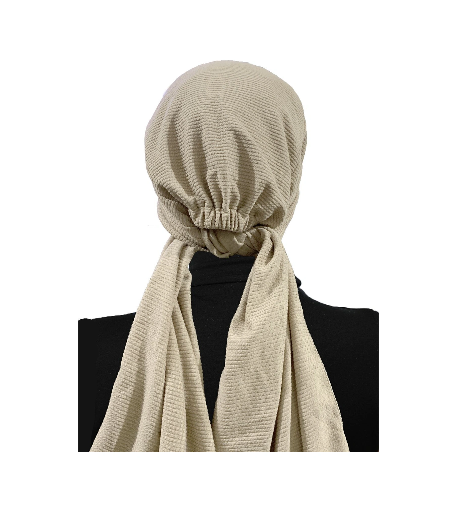 Fitilli Penye Bağlama Bej Hazır Türban Tesettür Bone Bej