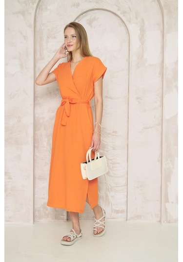 Kadın %100 Müslin Pamuk Yırtmaçlı Kruvaze Beli Kuşaklı Salaş Uzun Günlük Elbise 3612330 Turuncu