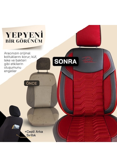 Panda Berlin Serisi Jakar Kumaş Oto Koltuk Kılıfı Kırmızı - Siyah