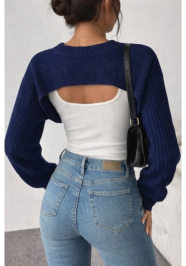 Tarz Cool Kadın Lacivert Dekolteli Crop Triko Bolero Lacivert