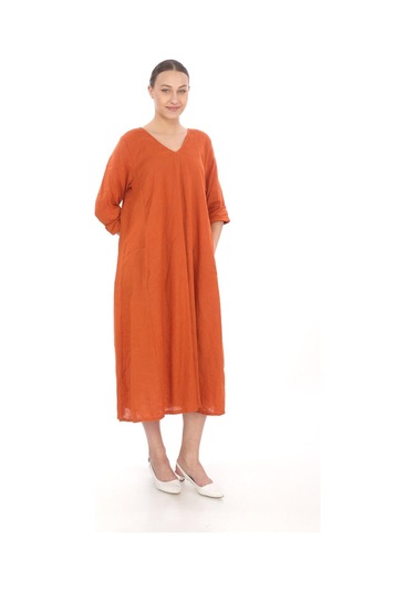 İtalyan V Yaka Uzun Kol Keten Elbise-8907 Kiremit