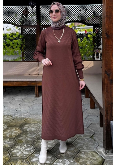 Yağmur Triko Elbise Kahve Normal