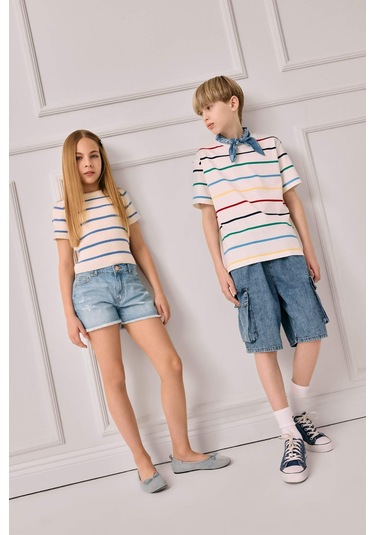 Defacto Kız Çocuk Yırtık Detaylı Pamuklu Jean Şort D7107a825smnm39 Mavi