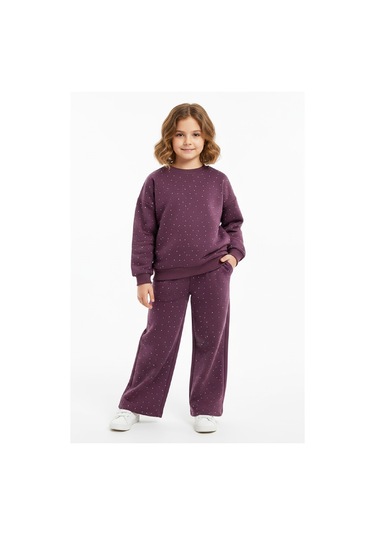 Kız Çocuk Taş Süslemeli-2 İplik-şardonsuz Alt-üst Takım-5 -12 Yaş 12424 Mürdüm