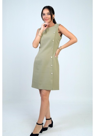 Kadın Kendinden Telalı Yan Düğmeli Kısa Elbise-41754 Çağla Yeşili