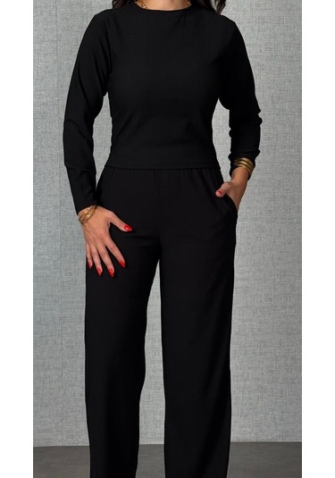 Kadın Uzun Kol Bisiklet Yaka Bürümcük Bluz Ve Pantolon Ikili Takım Siyah