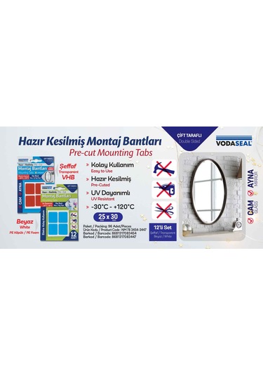 Vodaseal Çift Taraflı Montaj Bandı 12'li Beyaz