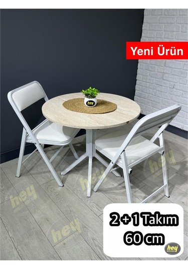 Mercan 2 Kişilik Yuvarlak Mutfak Yemek Masası Takımı 2+1 Traverten Beyaz Deri 60 Cm Traverten Beyaz 2'li