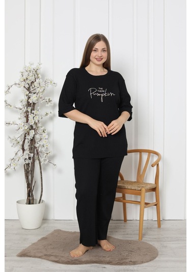 Fames Pijama Fitilli Kaşkorse Pamuklu Ispanyol Paça Yeni Sezon Büyük Beden Ev Giyim Siyah