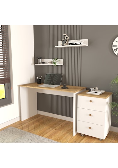 Olven Raflı Çalışma Masası Ve Keson 3 Çekmeceli , Beyaz - Meşe