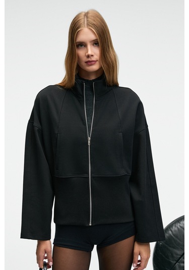 VIVETY Kadın Dik Yakalı Metal Fermuarlı Korse Görünümlü Bele Oturan Regular Siyah Ceket