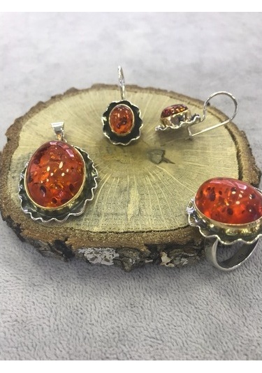 Kehribar Taşlı Gümüş Set 925 Ayar (372671266)