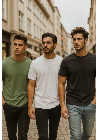 Erkek 3lü Paket Antrasit Melanj-beyaz-yeşil Pamuklu Oversize Tişört Bisiklet Yaka Kısa Kollu T-shirt Yeşil