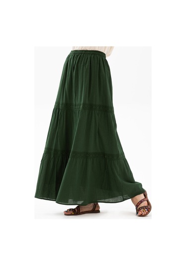 Uzun Şile Bezi Dantelli Etek Yeşil