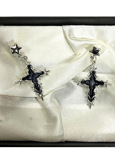 Dükkan Design Black Star Cross Yıldızlı Haç Küpe Siyah - Gümüş
