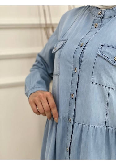 Dantelli Doğal Kumaşlı Boydan Düğmeli Kot Elbise - 001