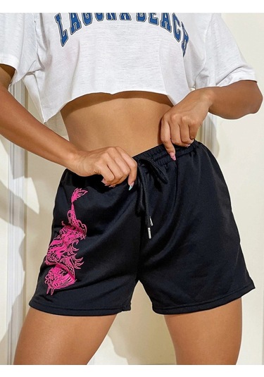 Ejder Kısa Şort Siyah Penye Baskılı Kordonlu Siyah