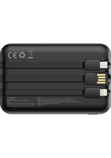 Power Nano 10.000 Mah 20W Pd 20W Hızlı Şarj Destekli Type-C Ve Lightning Kablolu Powerbank Siyah