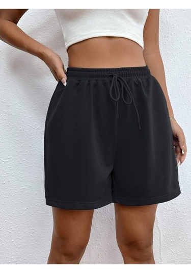 Siyah Kısa Basic Şort - Penye Baskısız Kordonlu Siyah